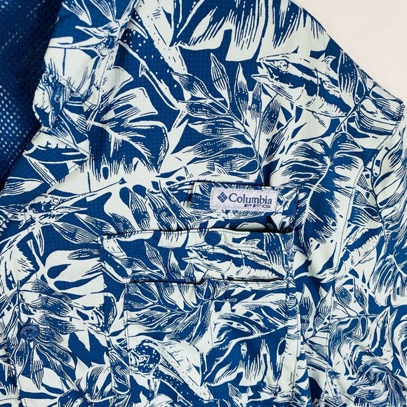 Columbia PFG Blue Palm Leaf Fish Print Short Sleeve Fishing Shirt Size Large - Picture 2 of 5
